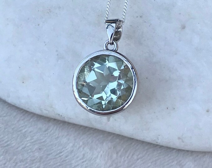 Green Amethyst Round Necklace- Natural Amethyst Sterling Silver Minimal Necklace- Genuine Amethyst Simple Bezel Pendant Necklace