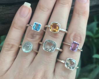 Gemstone Stackable Sterling Silver Ring- Stone Ring Set for Teen- Amethyst Citrine Blue Topaz Prehnite Bezel Ring- Minimalist Pop of Color