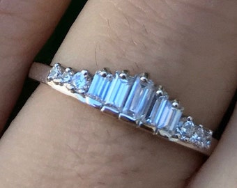 Deco Baguette Wedding Women Band- Round Nesting Band- Graduated Baguette Half Eternity Band- Unique Deco Stackable Pairing Band