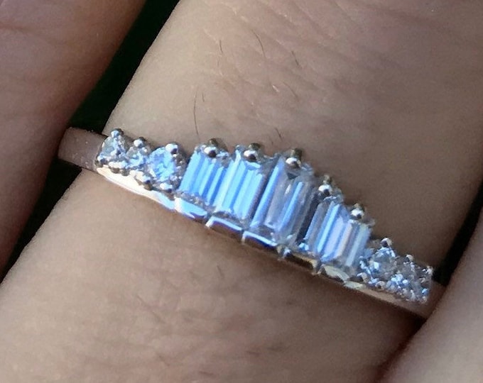 Deco Baguette Wedding Women Band- Round Nesting Band- Graduated Baguette Half Eternity Band- Unique Deco Stackable Pairing Band