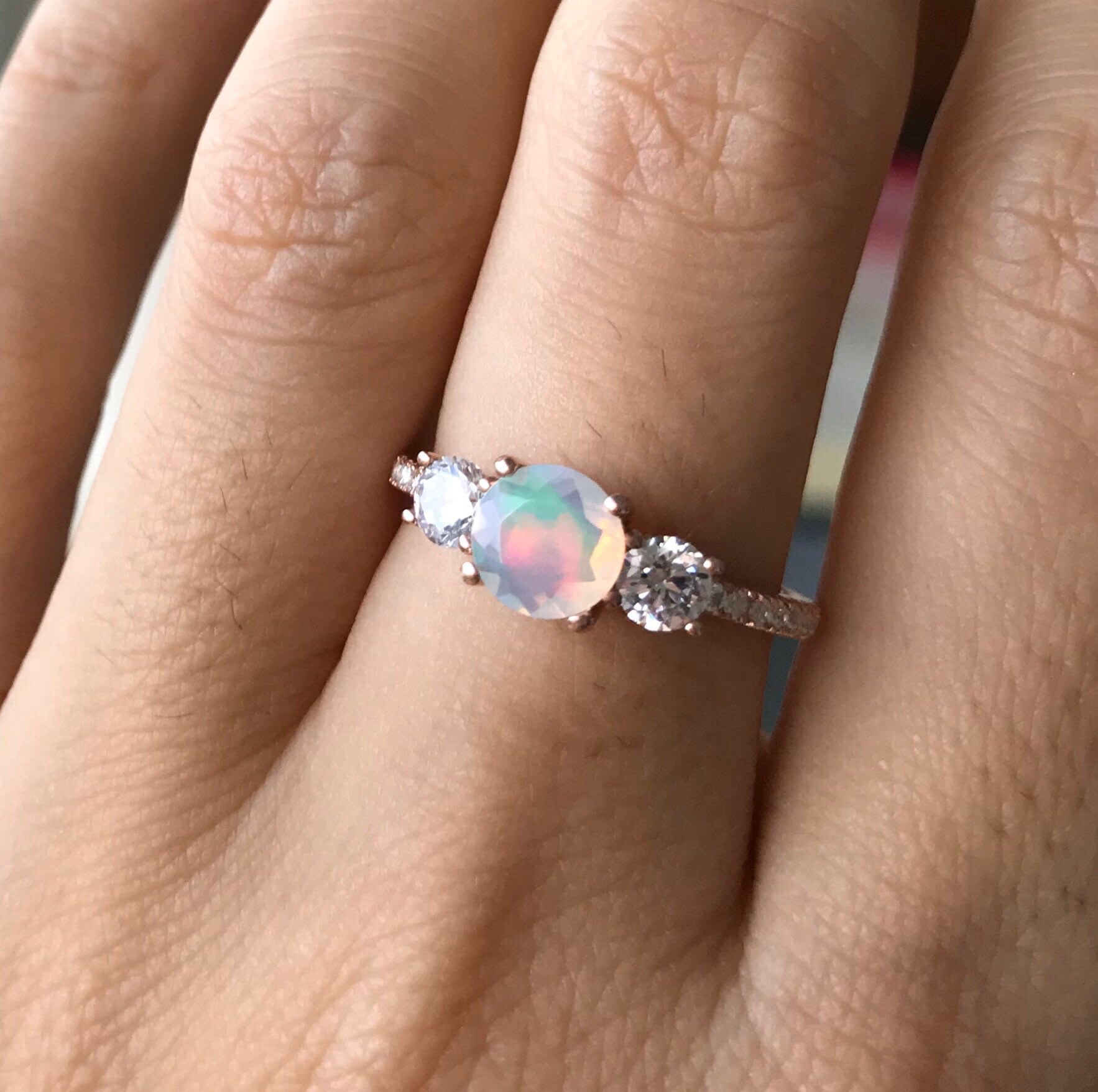 Genuine Opal Promise Ring For Her Fiery Opal Three Stone Anniversary