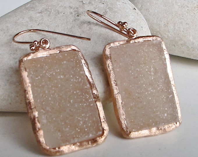 Rose Gold Druzy Earring Real- Dangle Drop Raw Earring- Rectangle Boho Statement Earring- Raw Crystal Earring-Rough Gemstone Handmade Earring