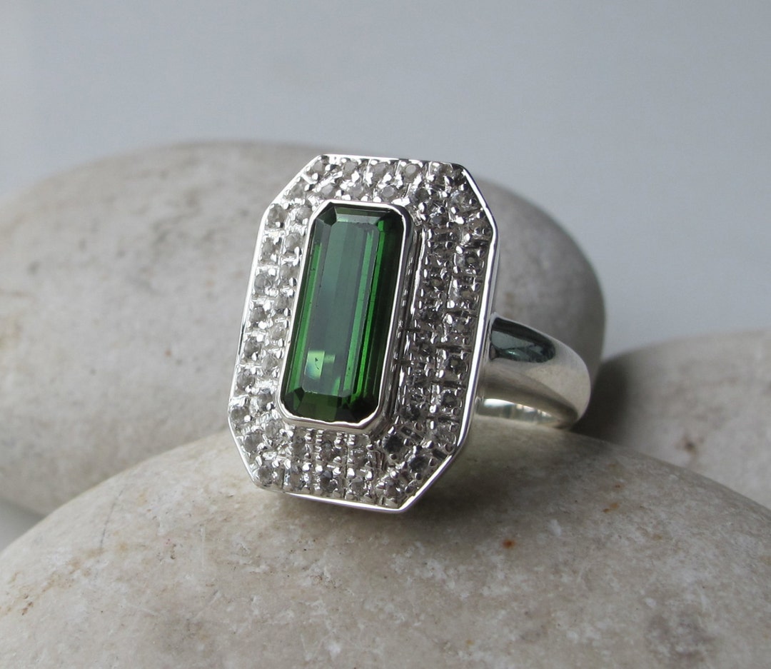 Genuine Green Tourmaline Statement Ring Green Emerald Cut Halo Ring