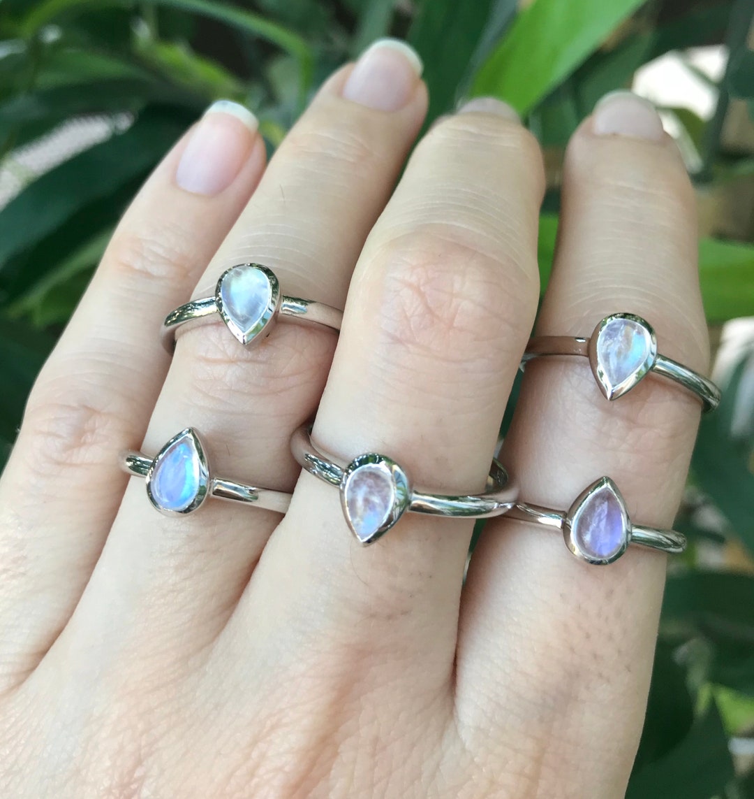 Pear Genuine Moonstone Stackable Ring- Natural Teardrop Rainbow