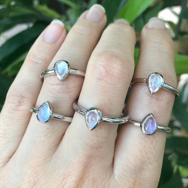 Pear Genuine Moonstone Stackable Ring- Natural Teardrop Rainbow Moonstone Simple Ring- Gifts Under 40- Bezel Minimalist Ring