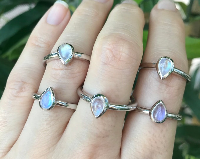 Pear Genuine Moonstone Stackable Ring- Natural Teardrop Rainbow Moonstone Simple Ring- Gifts Under 40- Bezel Minimalist Ring