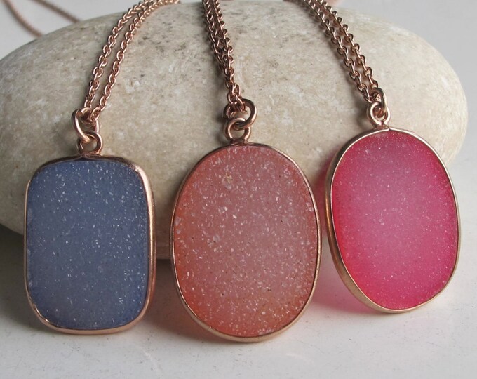 Genuine Natural Vivid Pink Druzy Necklace- Oval Sparkly Pink Necklace for Teacher Mom Girlfriend Bridesmaid Her
