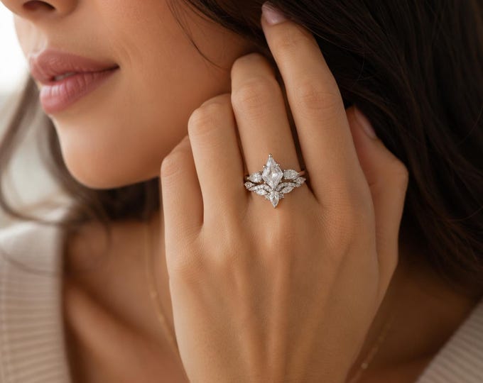 Moissanite Kite Shape Sterling Silver Bridal Ring with Contour Band