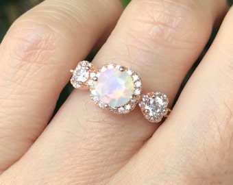 Opal Vintage Engagement Ring- Opal Halo Bridal Ring Set- Three Stone Anniversary Ring- Genuine Opal Promise Ring for Her- Art Deco Opal Ring