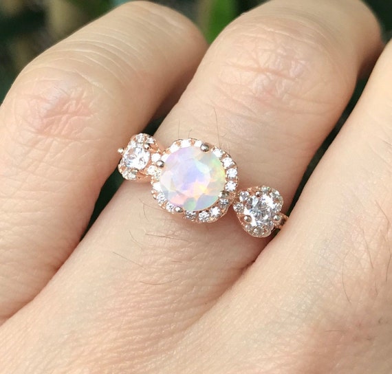 Opal Vintage Engagement Ring- Opal Halo Bridal Ring Set- Three