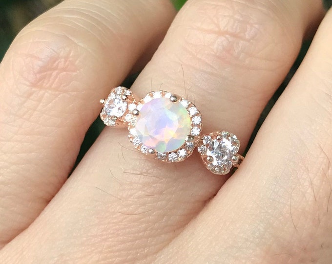 Opal Vintage Engagement Ring- Opal Halo Bridal Ring Set- Three Stone Anniversary Ring- Genuine Opal Promise Ring for Her- Art Deco Opal Ring