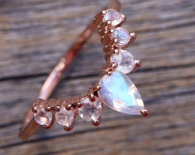 Genuine Moonstone Wedding Solid 10k 14k 18k Band- Rainbow Moonstone Chevron V Band- Iridescent Semi Half Circle Contour Band-June Birthstone