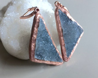 Rose Gold Druzy Earring Triangle- Boho Statement Raw Crystal Earring Rose Gold Dangle Drop Rough Stone Blue Druzy