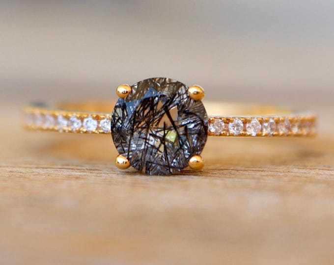 Round Black Rutile Dainty Promise Ring- Tourmalated Quartz Engagement Ring- Genuine Black Quartz Gothic Ring- Alternative Black Diamond Ring