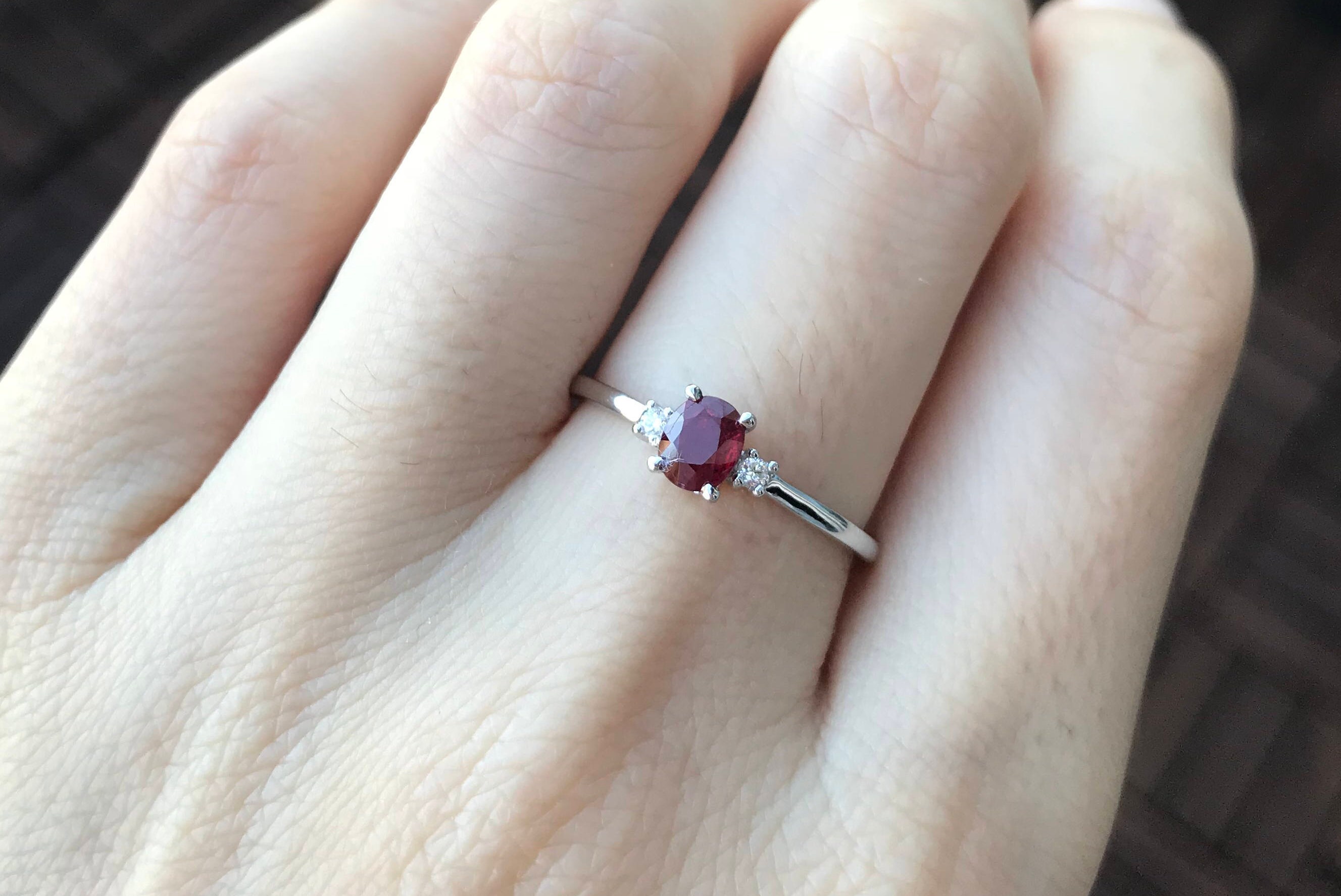 Dainty Genuine Ruby Engagement Ring with Diamonds in 18k Gold Small