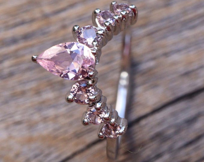 Pink Morganite Curve Wedding Real Solid 10k 14k 18k Gold Band- Light Pink Nest Contour Rose Band- V Chevron Semi Half Circle White Gold Band