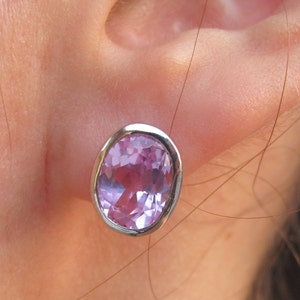 Pink Cubic Zirconia Stud Earring Pink Topaz Oval Silver Earring Pink Quartz Bezel Earring Pink Gemstone Classic Stud Earring image 5