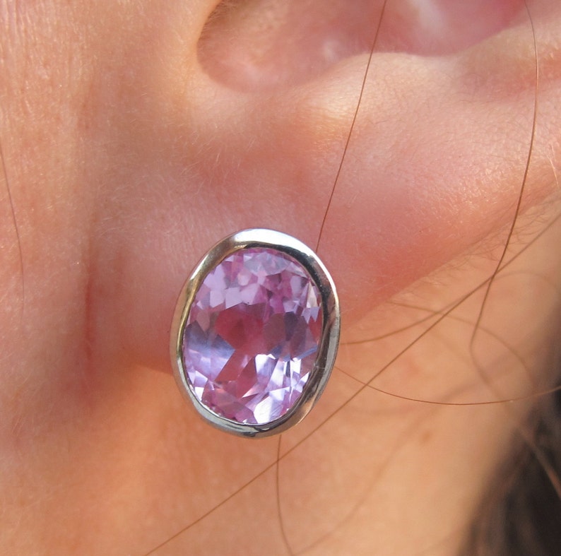 Pink Cubic Zirconia Stud Earring Pink Topaz Oval Silver Earring Pink Quartz Bezel Earring Pink Gemstone Classic Stud Earring image 5