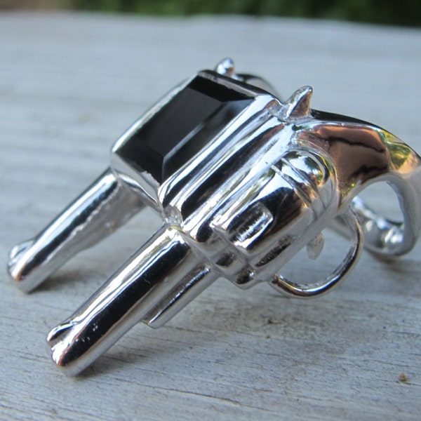 Double Gun Silver Ring- Men's Gun Statement Ring- Unisex Gun Ring- Gifts for Men- Glock Rifle with Black Onyx Ring- Revolver Ring-