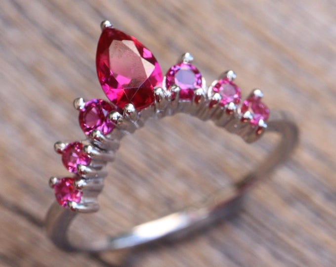 Pink Red Pear Round Cluster Ruby Curve Wedding Band in Solid Real 10k 14k 18k Gold