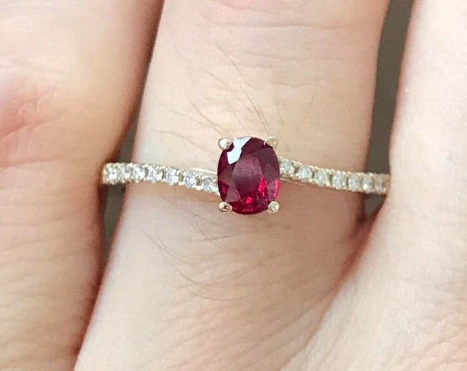 0.38ct Unheat Ruby Genuine Engagement Dainty Ring- Oval Ruby Promise 18k White Gold Petite Ring- Ruby Diamond Anniversary Bypass Ring