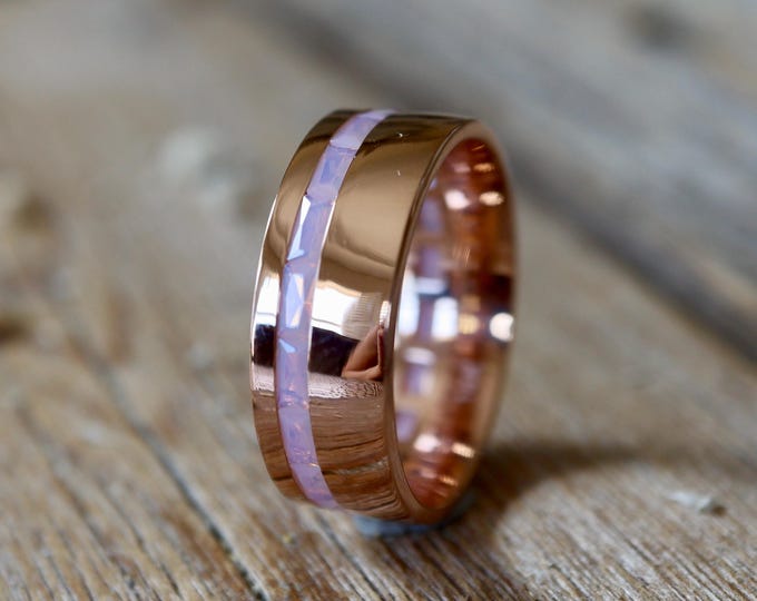 Baguette Pink Opal Unisex Deco Wide Eternity Wedding Band