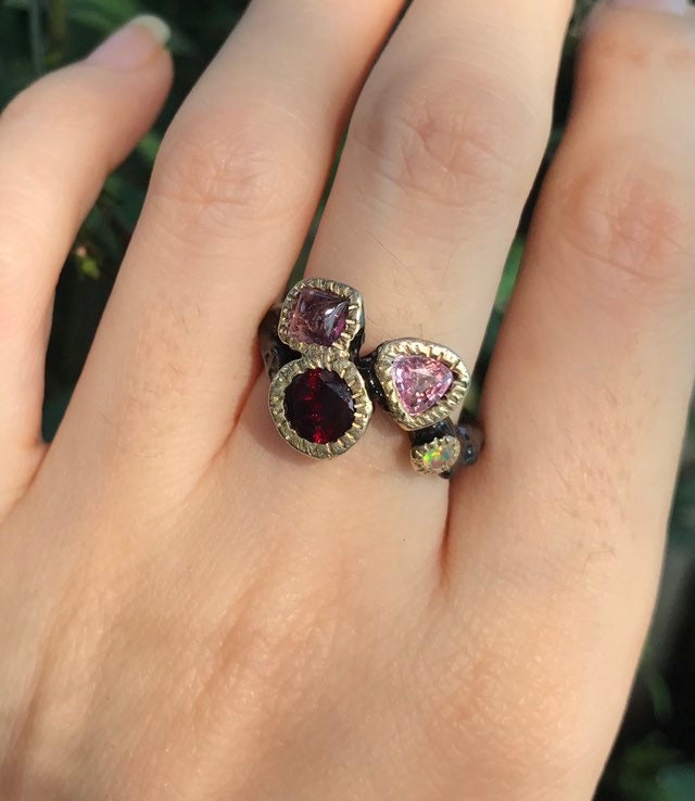 Pink Tourmaline Garnet Opal Cluster Gemstone Statement Ring- Multistone ...