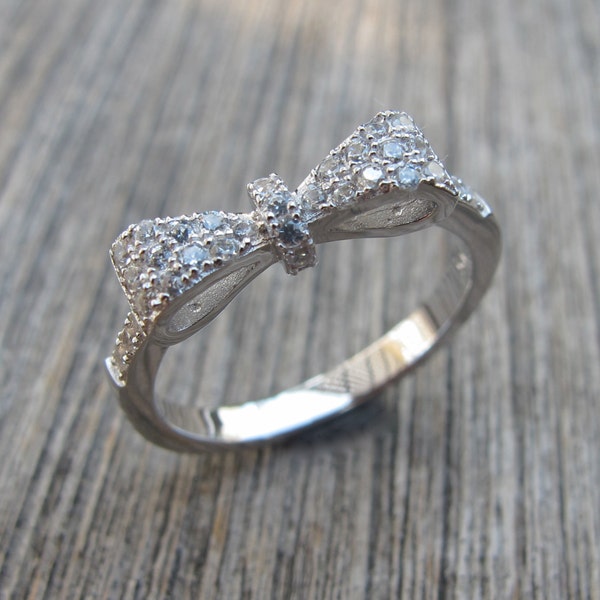 Silver Bow Valentine Ring- Cubic Zirconia Bow Ring- Valentine Gifts for Wife- Crystal Diamond Bow Ring- Jewelry Gifts for Her