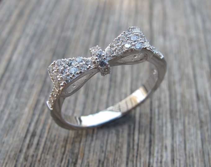 Silver Bow Valentine Ring- Cubic Zirconia Bow Ring- Valentine Gifts for Wife- Crystal Diamond Bow Ring- Jewelry Gifts for Her