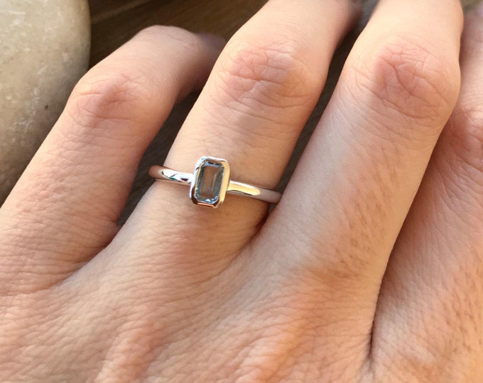 Rectangle Blue Topaz Tiny Stackable Ring- Kid Teen Child Dainty Blue Ring- Baguette Blue Small Ring- December Birthstone Something Blue Ring
