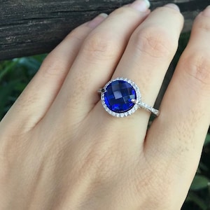 Lab Blue Sapphire Round Halo Engagement Ring- Royal Blue Sapphire Promise Ring for Her-Blue Stone Anniversary Ring-September Birthstone Ring