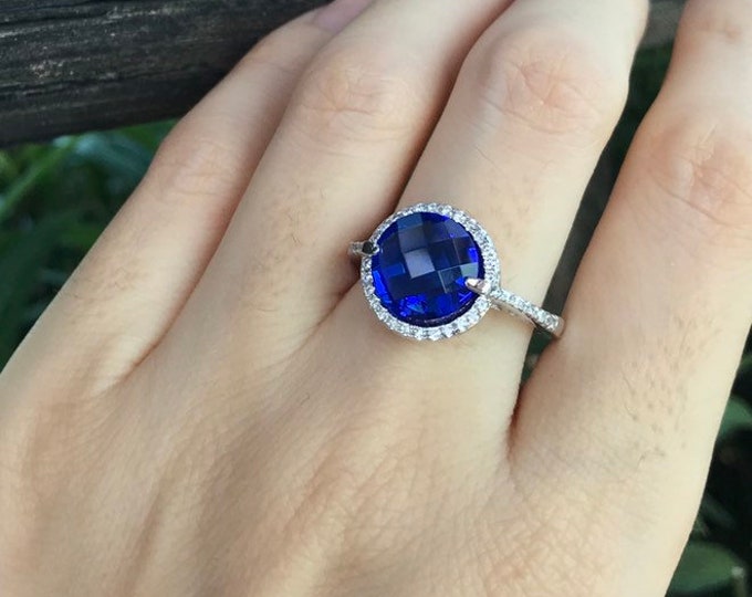 Lab Blue Sapphire Round Halo Engagement Ring- Royal Blue Sapphire Promise Ring for Her-Blue Stone Anniversary Ring-September Birthstone Ring