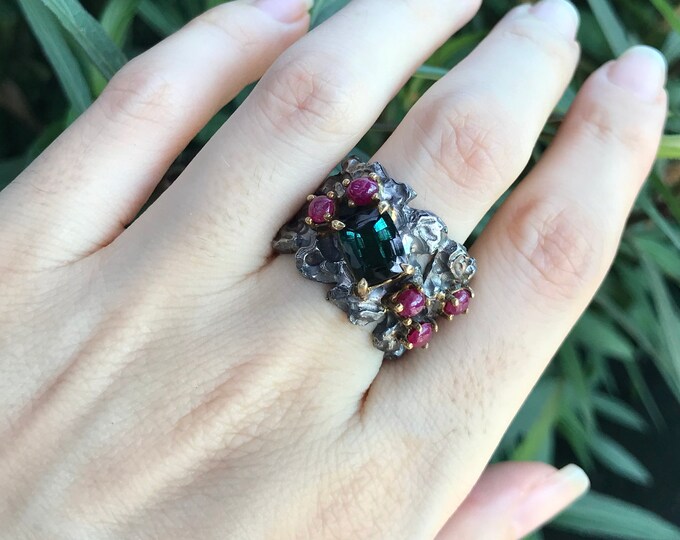 Statement Rustic Cluster Gothic Wide Band- Green Tourmaline Ruby MultiStone Textured Oxidized Band- One of A Kind Unisex Artisan Jagged Band