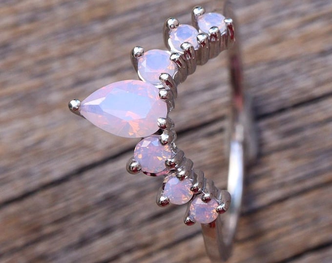 Opal Curve Wedding Sterling Silver Band- Pink Opal Nesting Contour Rose Plated Band- Fire Opal Enhancer Guard Chevron Half Circle Gold Band