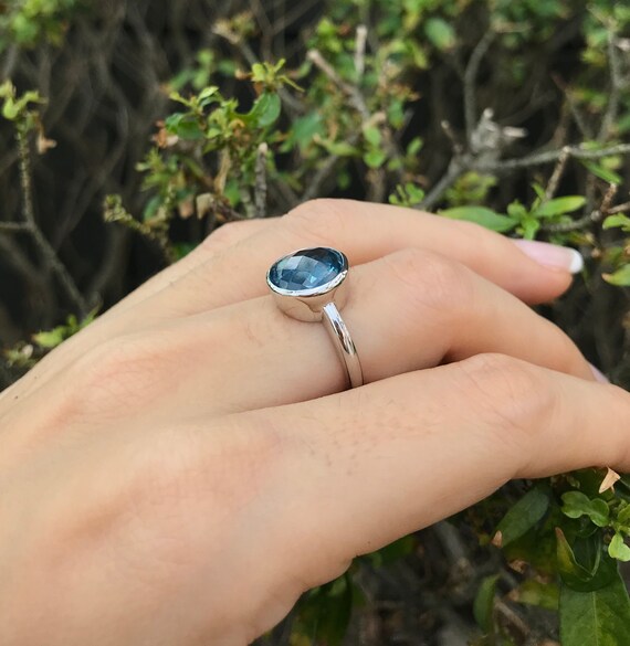 Swiss Blue Quartz Round Ring Dark Blue Topaz Silver Ring Blue