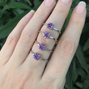 Genuine Amethyst Round Dainty Stackable Ring Purple Amethyst 4 Prong Silver Ring Purple Gemstone Ring February Birthstone Ring image 1