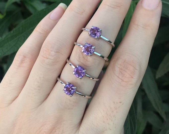 Genuine Amethyst Round Dainty Stackable Ring- Purple Amethyst 4 Prong Silver Ring- Purple Gemstone Ring- February Birthstone Ring