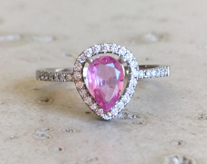 0.86ct Teardrop Pink Sapphire Engagement Ring- Halo Pear Genuine Sapphire Promise Ring- Pink Sapphire Diamond Anniversary Solitaire Ring