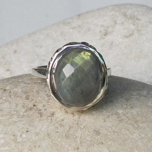 Statement Labradorite Ring- Unique Gemstone Ring- Oval Shape Mystical Ring- Bohemian Chic Ring- Sterling Silver Ring