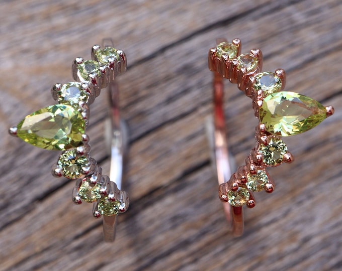 Green Peridot Curve Real Solid 10k 14k 18k Gold Wedding Band- Yellow Rose White Gold Band- Lime V Half Circle Band- August Birthstone Band