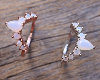 White Opal Curve Wedding Silver Band- Opal Nesting V Chevron Band- Half Circle Rose Band