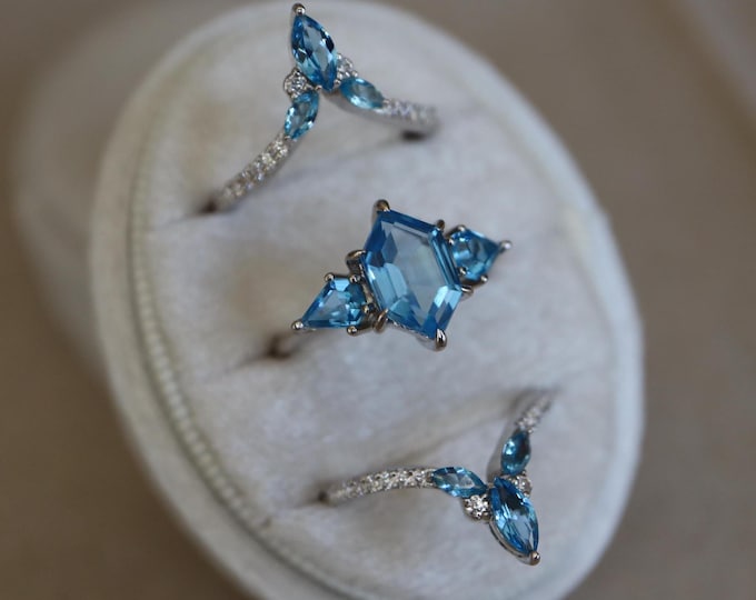 Hexagon Light Blue Aquamarine Prong Bridal Ring