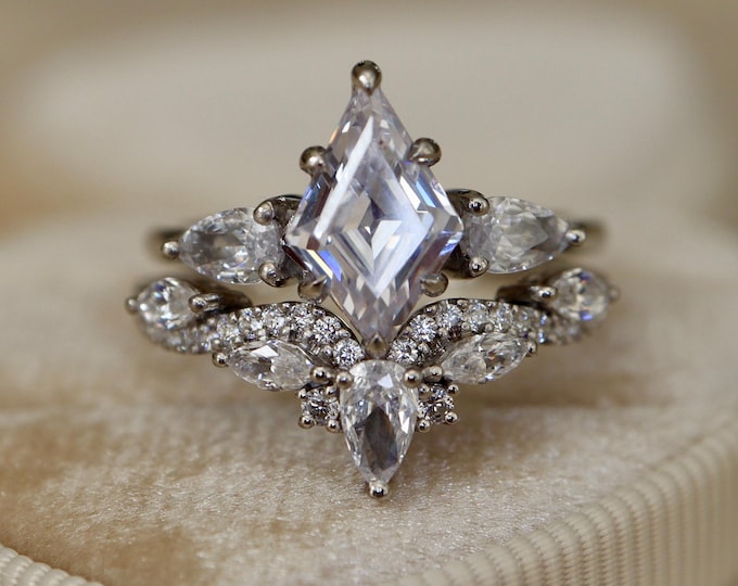 Moissanite Kite Shape Sterling Silver Bridal Ring with Contour Band