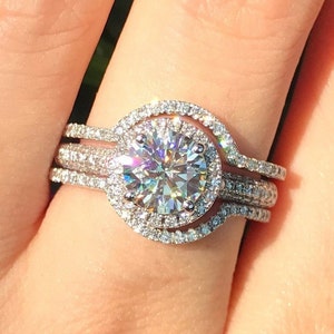 1ct Brilliant Moissanite Halo Engagement 14k White Gold Ring Set- Round Moissanite 3 Piece Bridal Ring- Colorless Clear Bridal Ring Set