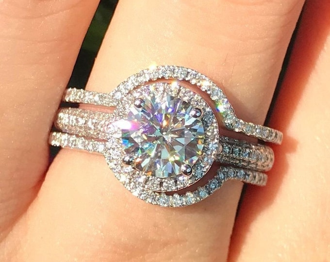 1ct Brilliant Moissanite Halo Engagement 14k White Gold Ring Set- Round Moissanite 3 Piece Bridal Ring- Colorless Clear Bridal Ring Set