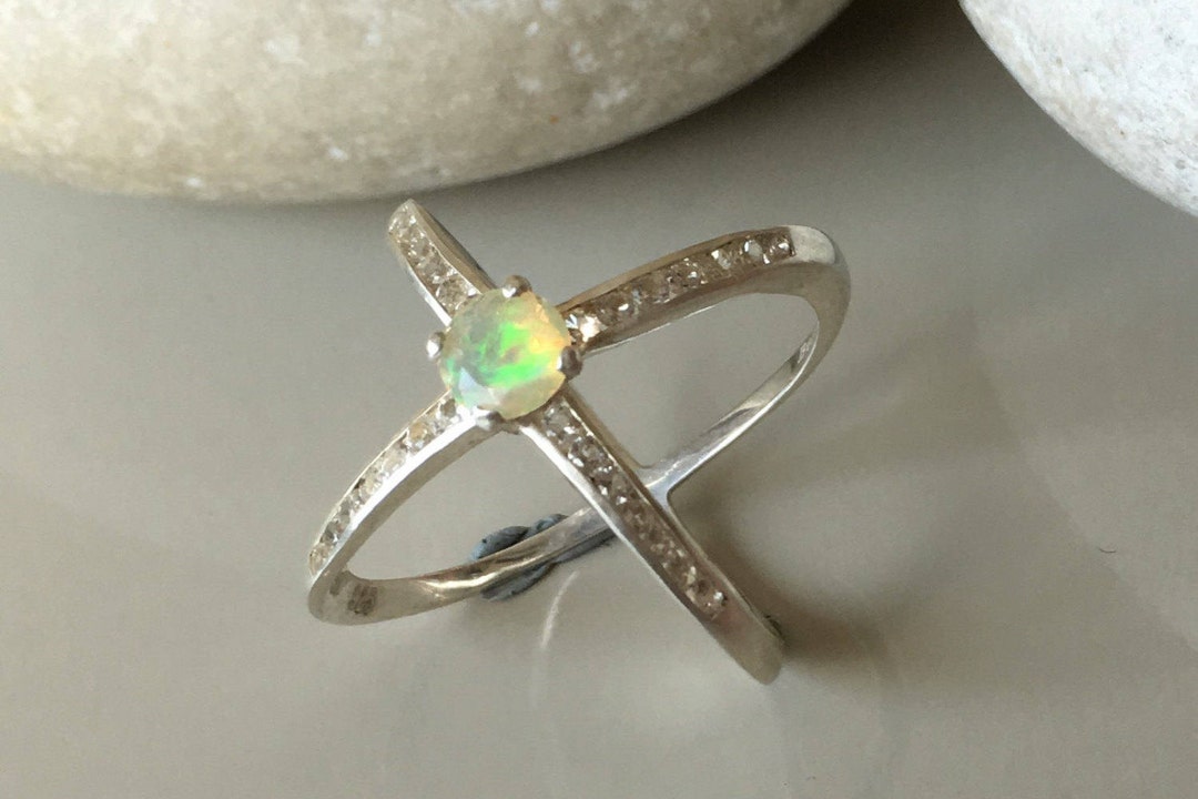 X Ring Opal Criss Cross Ring Minimalist Opal Ring Cross Band