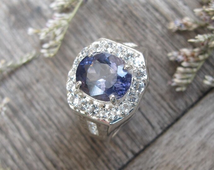 Genuine Iolite Oval Silver Engagement Ring- Natural Iolite Halo White Topaz Promise Ring- Bluish Purple Gemstone Solitaire Ring