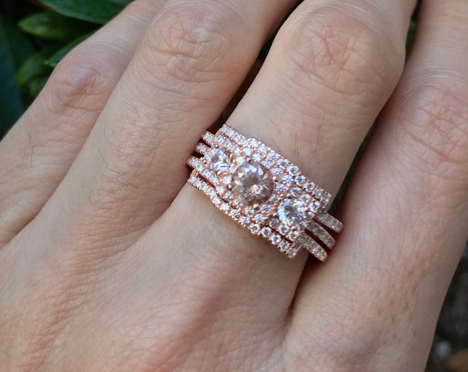 Genuine Morganite Rose Gold Vintage 3 Ring Set- Natural Morganite Bridal Engagement Deco Ring Set- Round Morganite 3 Stone Anniversary Ring