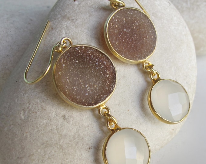 Druzy Earring Gold Brown White Earring 2 Double Drop Dangle Earring Boho Handmade Real Druzy Circle Long Earring