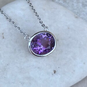 Dark Purple Amethyst Oval Necklace- Amethyst Silver Necklace-Genuine Amethyst Simple Bezel Pendant Necklace-February Birthstone Necklace